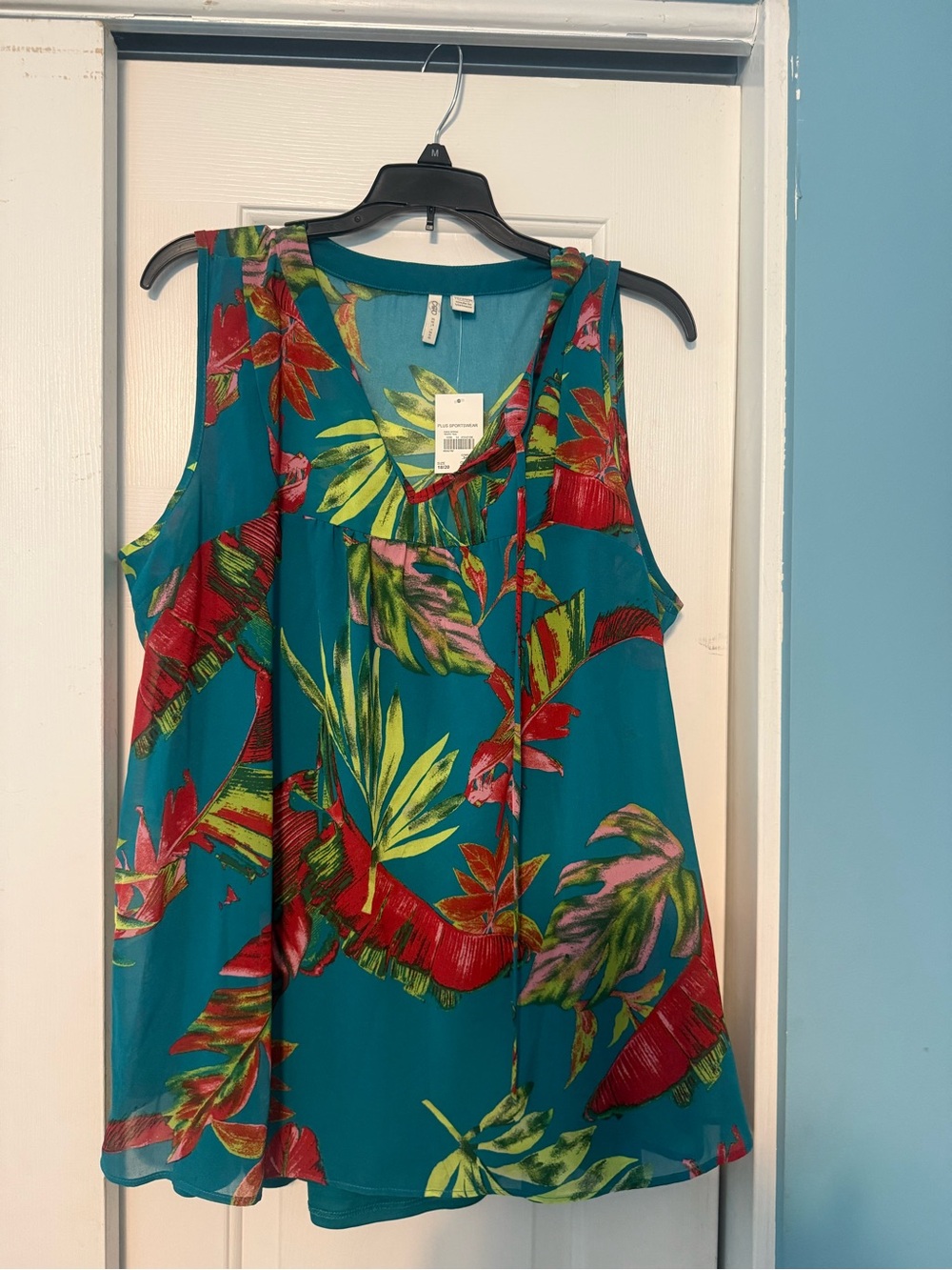 Cato Teal Tropical Sleeveless Blouse with Red & Green Leaf Print